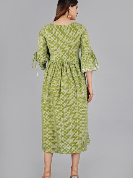 Green Printed Cotton Flared Dress for Women