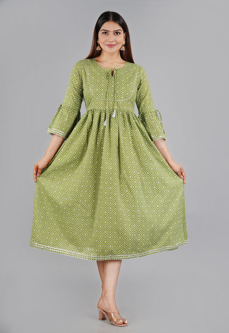 Green Printed Cotton Flared Dress for Women