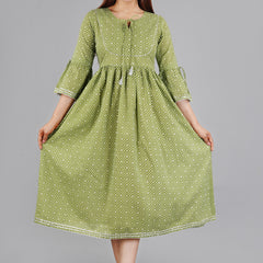 Green Printed Cotton Flared Dress for Women