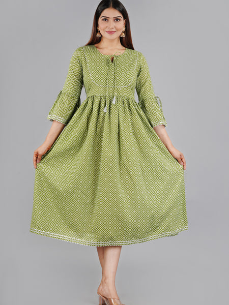 Green Printed Cotton Flared Dress for Women