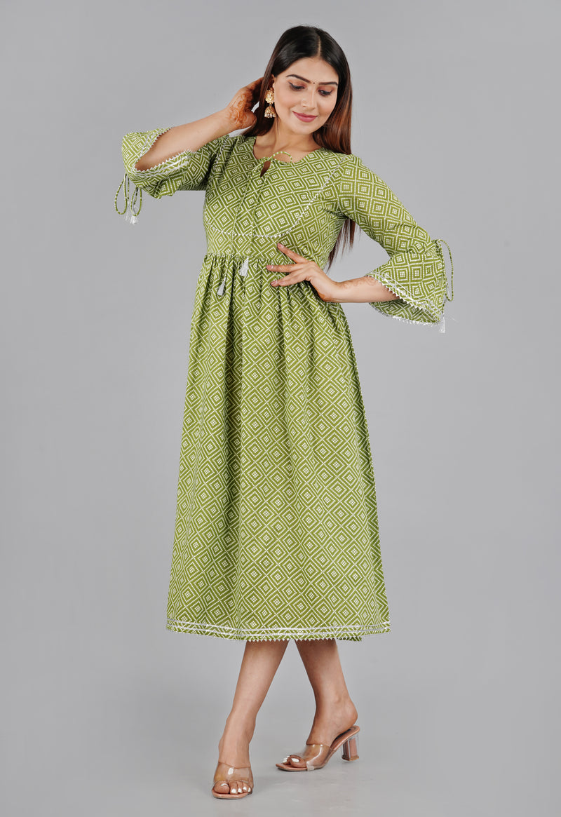 Green Printed Cotton Flared Dress for Women