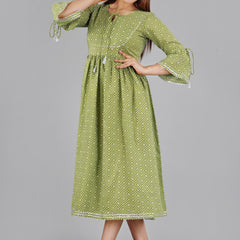Green Printed Cotton Flared Dress for Women
