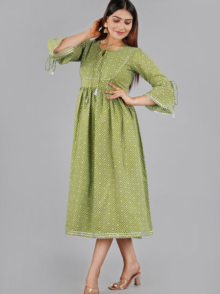 Green Printed Cotton Flared Dress for Women