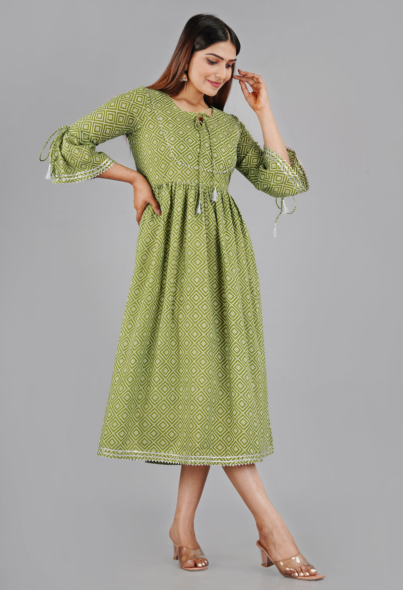 Green Printed Cotton Flared Dress for Women