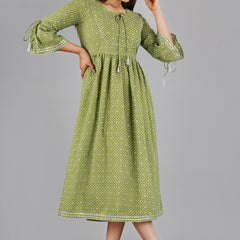 Green Printed Cotton Flared Dress for Women