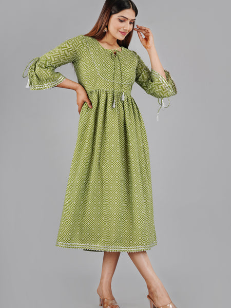 Green Printed Cotton Flared Dress for Women
