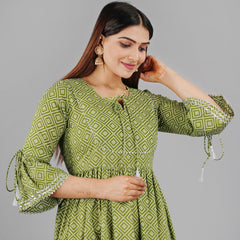 Green Printed Cotton Flared Dress for Women