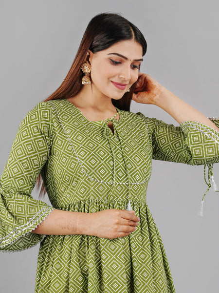 Green Printed Cotton Flared Dress for Women
