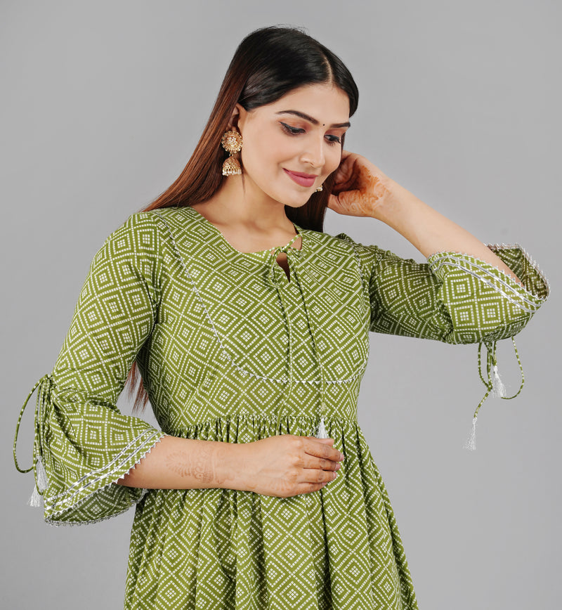 Green Printed Cotton Flared Dress for Women