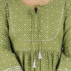 Green Printed Cotton Flared Dress for Women