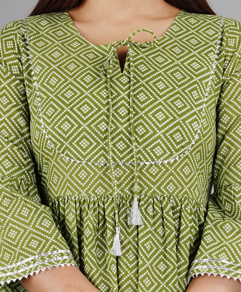 Green Printed Cotton Flared Dress for Women
