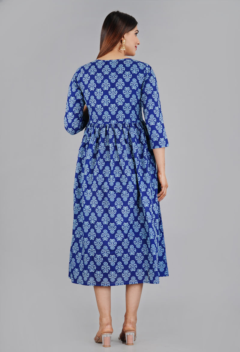 Indigo Blue Printed Cotton Flared Dress for Women
