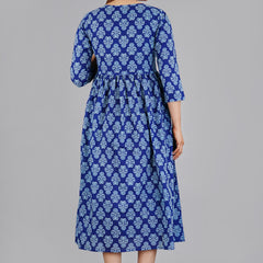 Indigo Blue Printed Cotton Flared Dress for Women