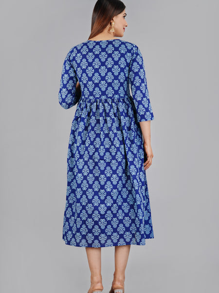 Indigo Blue Printed Cotton Flared Dress for Women