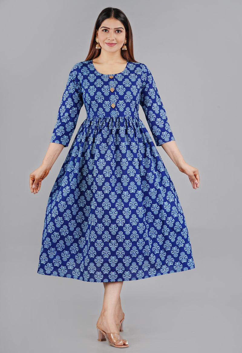 Indigo Blue Printed Cotton Flared Dress for Women