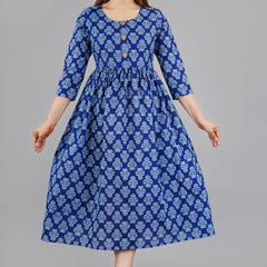 Indigo Blue Printed Cotton Flared Dress for Women