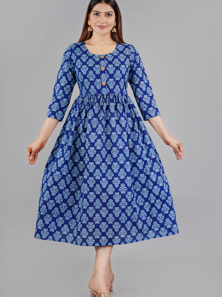 Indigo Blue Printed Cotton Flared Dress for Women