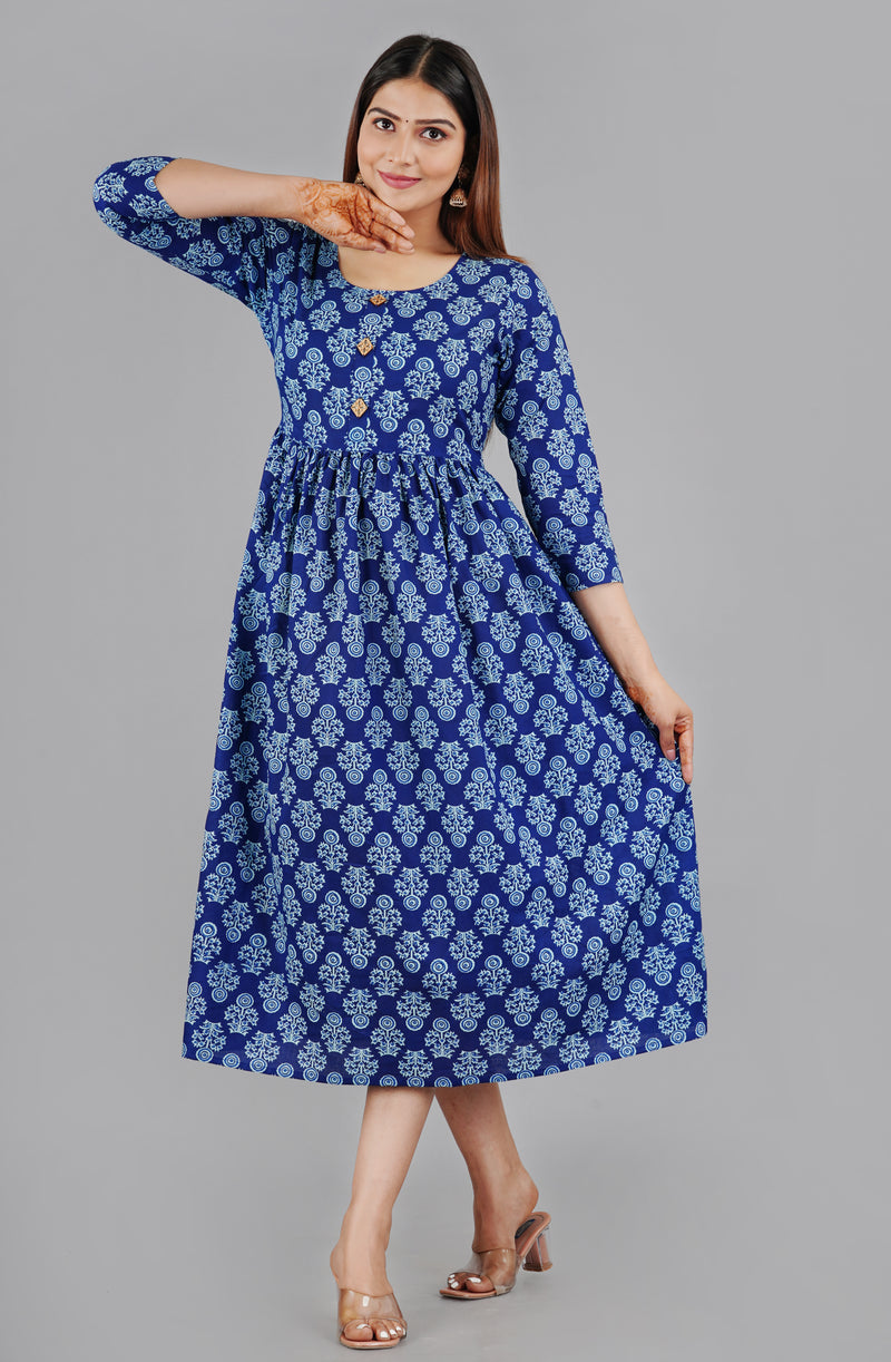 Indigo Blue Printed Cotton Flared Dress for Women