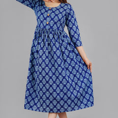 Indigo Blue Printed Cotton Flared Dress for Women