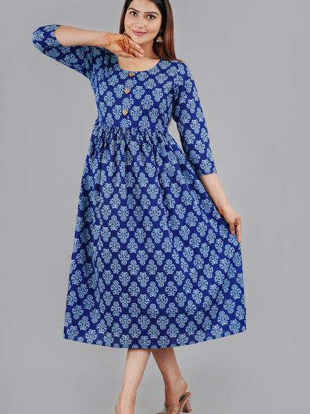 Indigo Blue Printed Cotton Flared Dress for Women