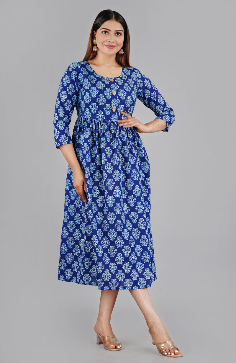Indigo Blue Printed Cotton Flared Dress for Women