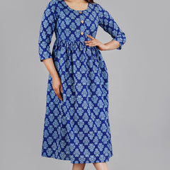 Indigo Blue Printed Cotton Flared Dress for Women