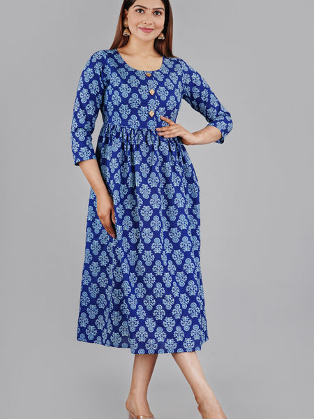 Indigo Blue Printed Cotton Flared Dress for Women