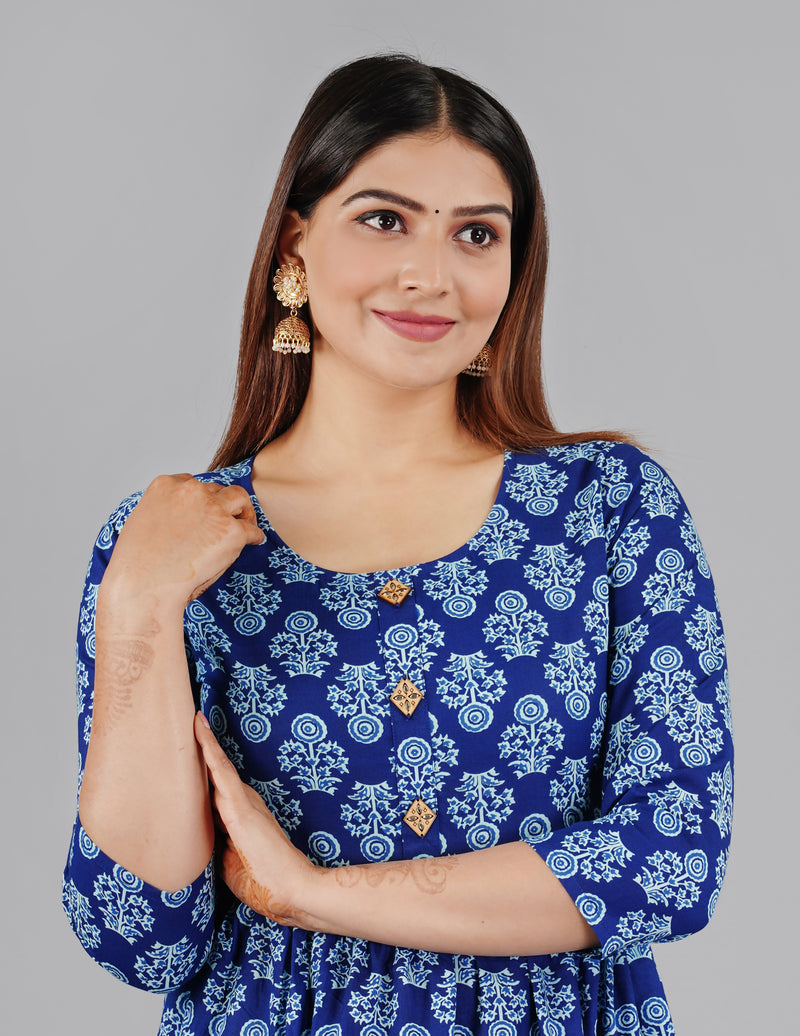 Indigo Blue Printed Cotton Flared Dress for Women