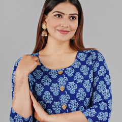 Indigo Blue Printed Cotton Flared Dress for Women