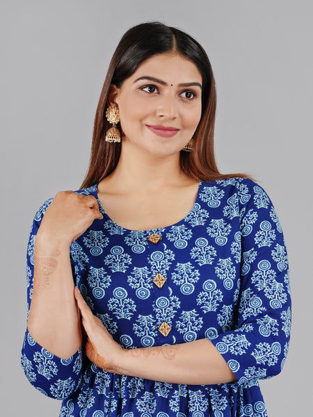 Indigo Blue Printed Cotton Flared Dress for Women