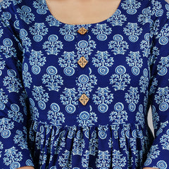 Indigo Blue Printed Cotton Flared Dress for Women