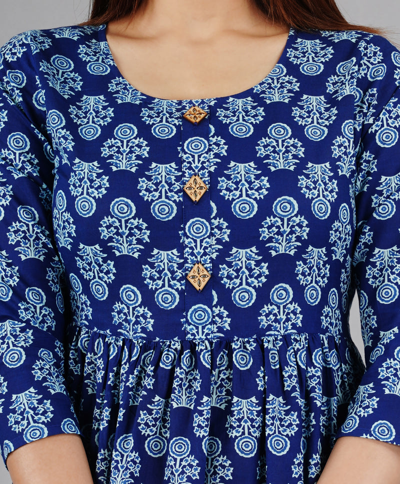 Indigo Blue Printed Cotton Flared Dress for Women