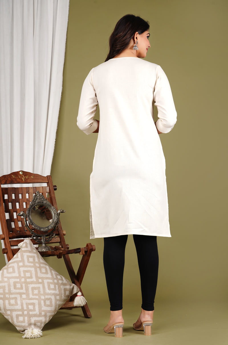 Off White Embroidered Cotton Long Kurta for Women