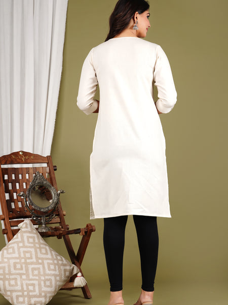 Off White Embroidered Cotton Long Kurta for Women
