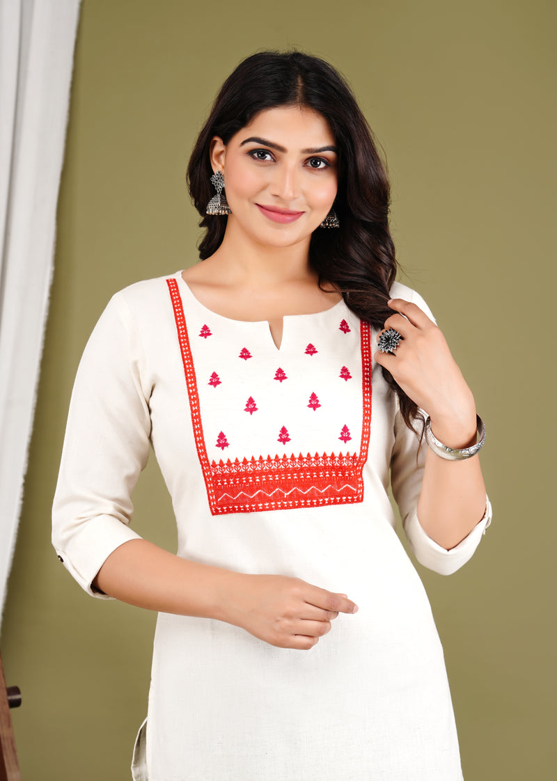 Off White Embroidered Cotton Long Kurta for Women
