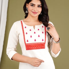 Off White Embroidered Cotton Long Kurta for Women