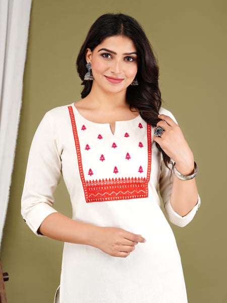 Off White Embroidered Cotton Long Kurta for Women