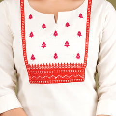 Off White Embroidered Cotton Long Kurta for Women