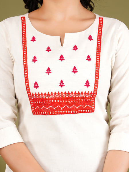 Off White Embroidered Cotton Long Kurta for Women