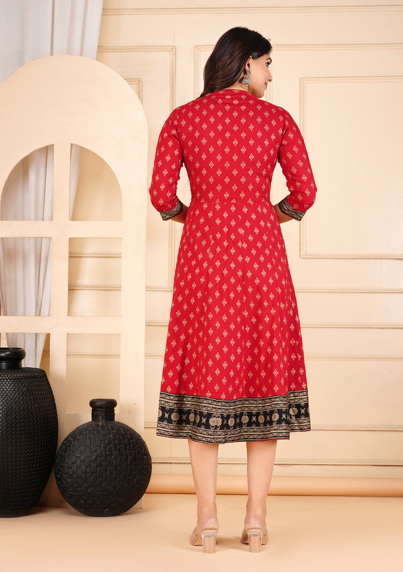 Maroon Printed Viscose Rayon Midi Dress