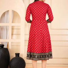 Maroon Printed Viscose Rayon Midi Dress