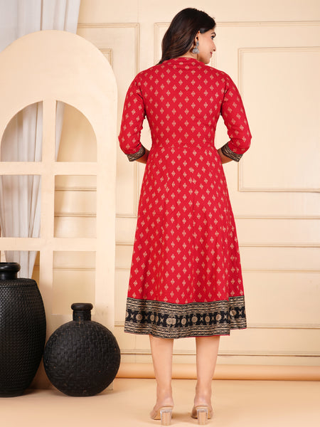 Maroon Printed Viscose Rayon Midi Dress