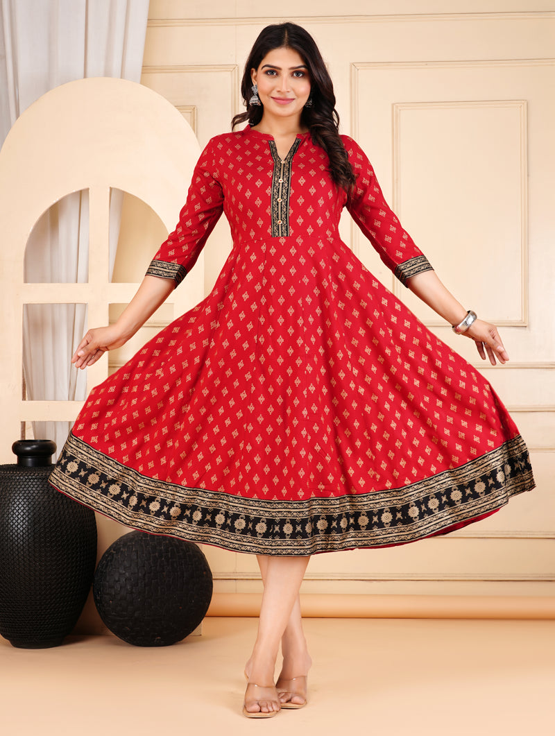 Maroon Printed Viscose Rayon Midi Dress