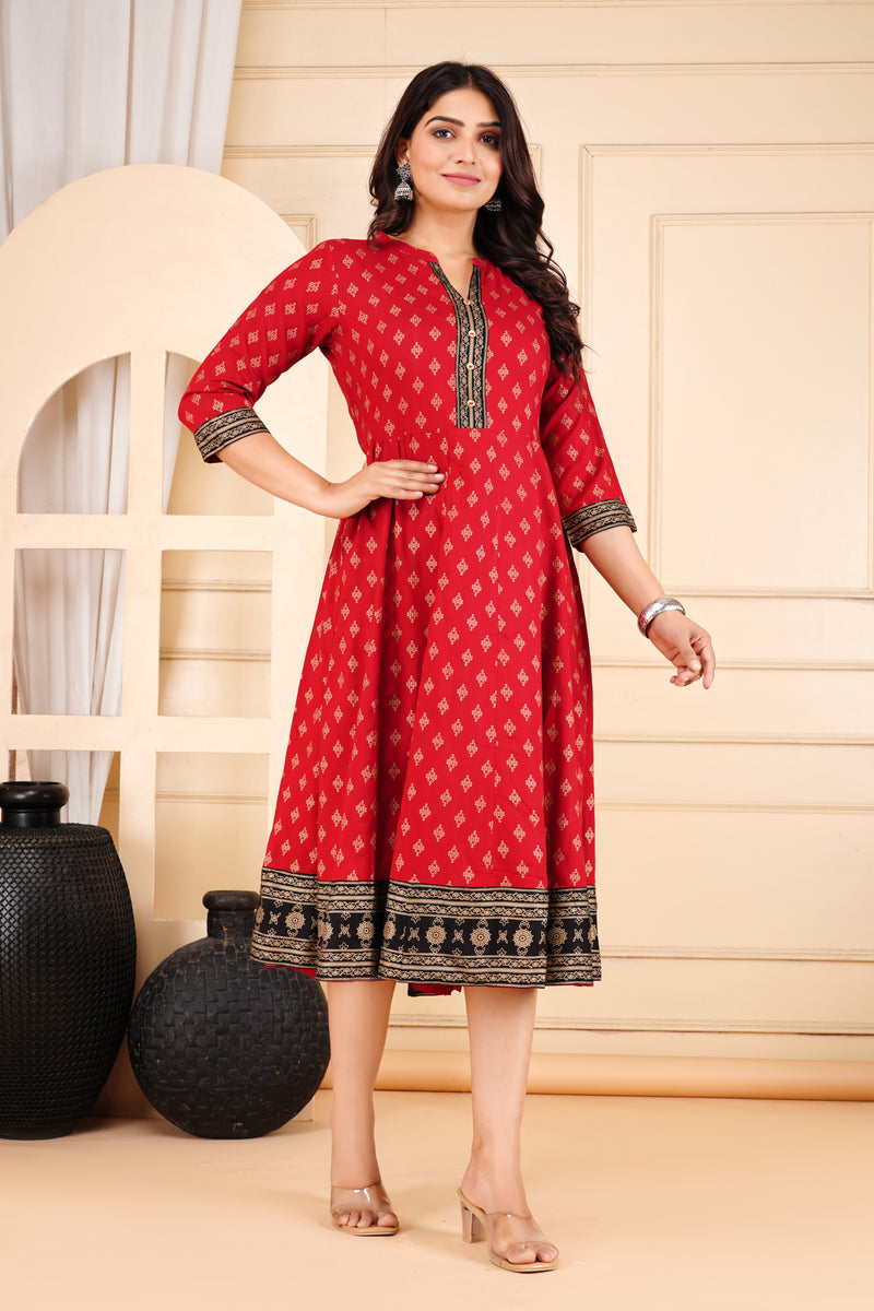Maroon Printed Viscose Rayon Midi Dress