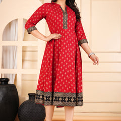 Maroon Printed Viscose Rayon Midi Dress