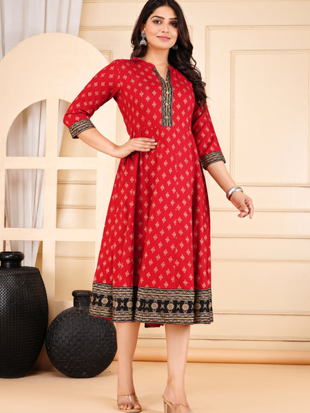 Maroon Printed Viscose Rayon Midi Dress