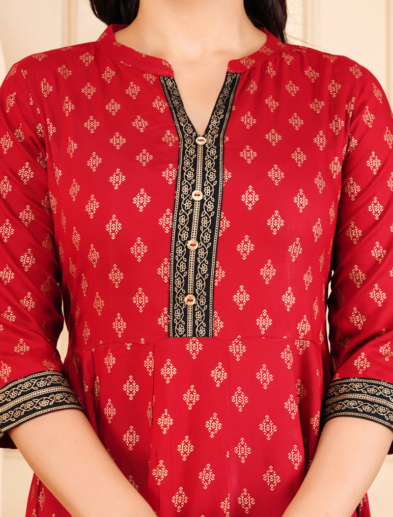 Maroon Printed Viscose Rayon Midi Dress