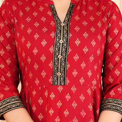 Maroon Printed Viscose Rayon Midi Dress