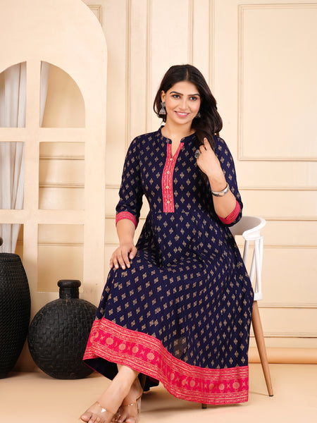 Women Navy Blue Printed Anarkali Kurta