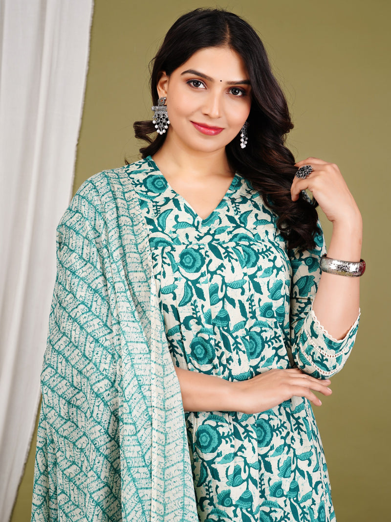 Green Cotton Printed Kurta Pant with Dupatta Set